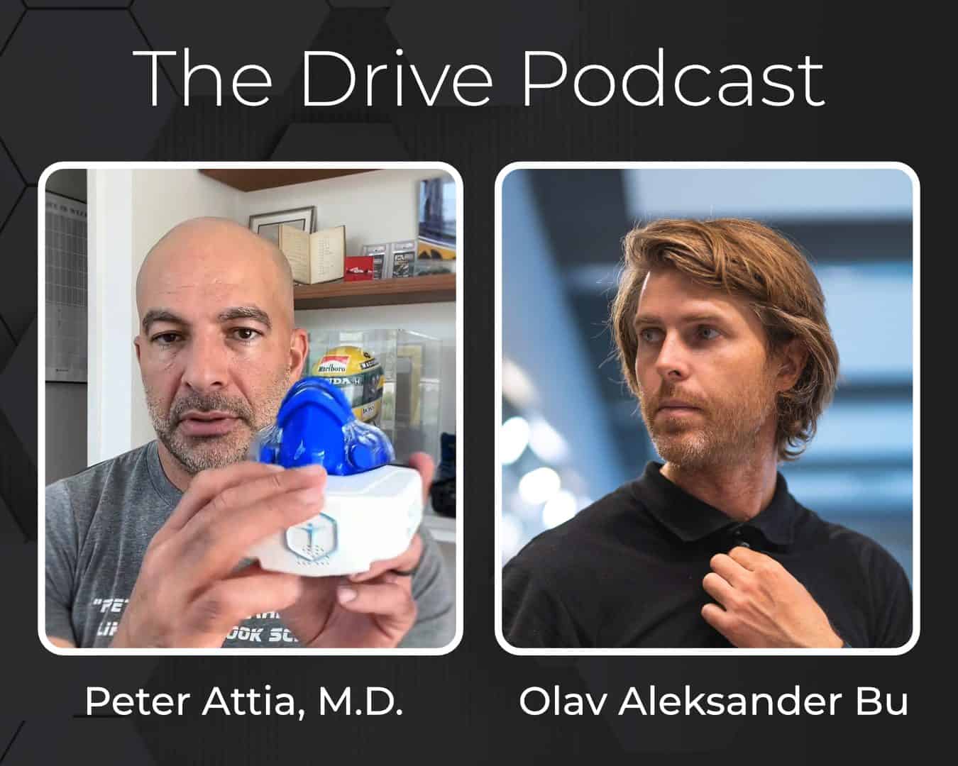 A side by side image of Peter Attia, M.D., and Olav Aleksander Bu. Peter Attia is holding the VO2 Master device in his hand